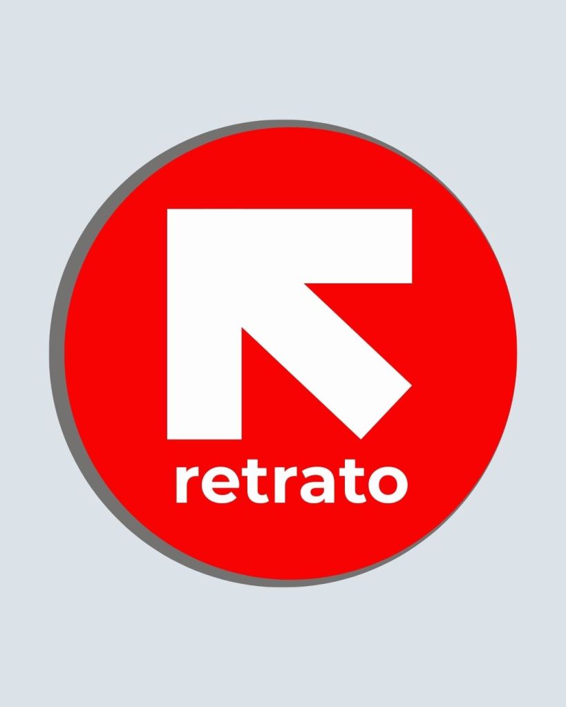 Logo featuring a red circular background with a white directional arrow and the word 'retrato' in bold white letters.